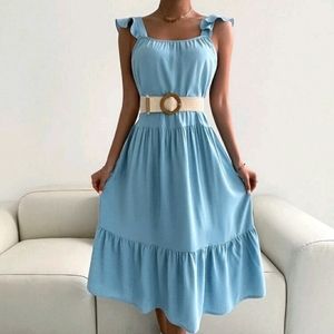 💙NWT Solid Sky Blue Ruffle Trim Midi Dress
